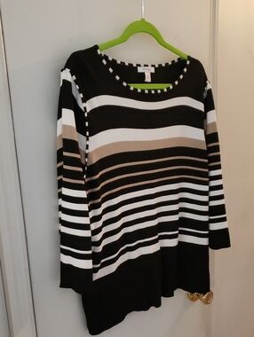 Dress Barn Black, White & Taupe Striped Knit Top